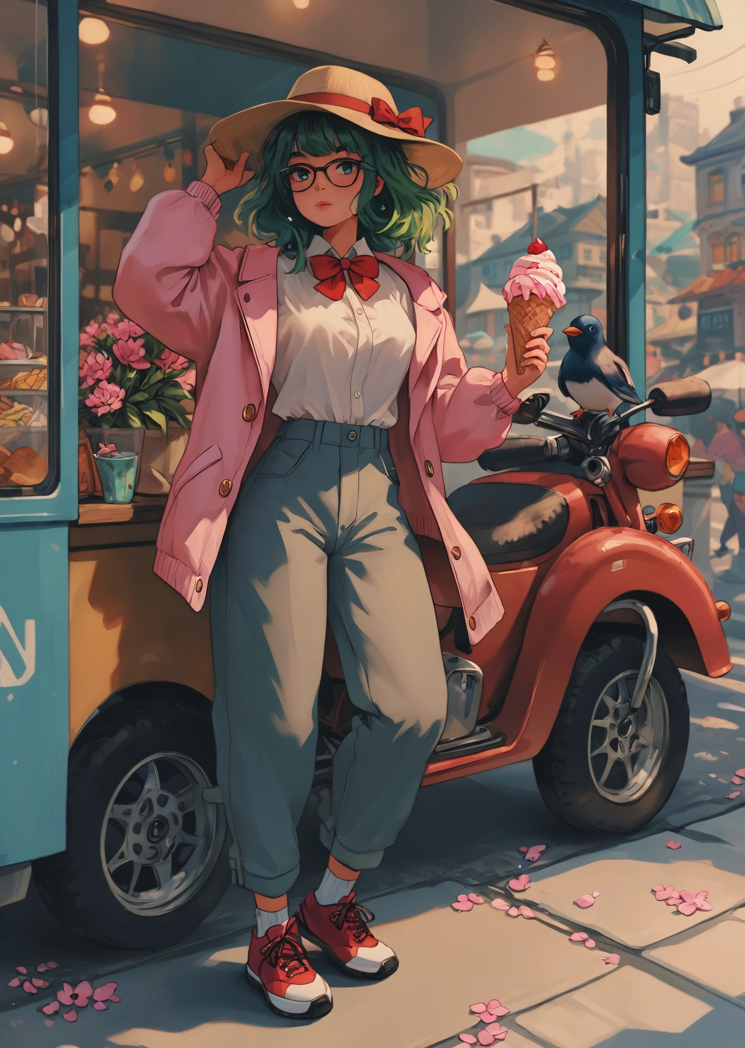 Score_9, score_8_up, score_7_up, score_6
Cuti3C0mics 1girl, solo, shirt, black hair, hat, bow, holding, jacket, flower, food, green hair, shoes, glasses, socks, pants, bowtie, red bow, petals, window, shadow, bird, holding food, ground vehicle, red bowtie, motor vehicle, pink flower, ice cream, pink jacket, penguin
<lora:Cuti3C0mics Pony Style V2:1>