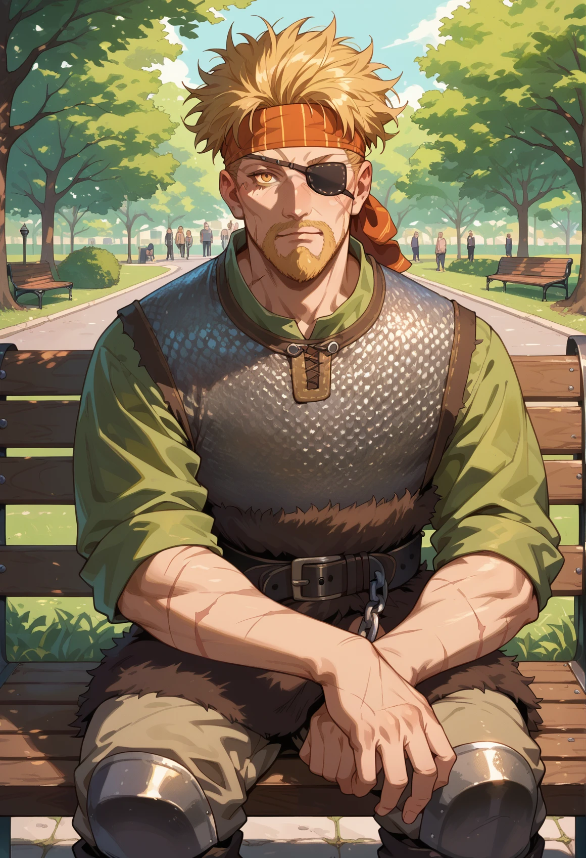 <lora:Thorkell:0.85> Thorkell, beard, (yellow eyes:1.15), chainmail armor, belt, headband, short green sleeves, eyepatch, scars, looking at viewer, sitting on bench, park, score_9, score_8_up, score_7_up, score_6_up