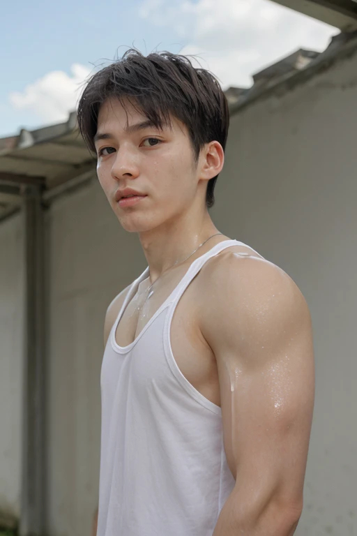 edwardcandra, face, lips, tank top, portrait, male focus, short hair, muscular, oily, shiny_skin, sweaty, shiny skin, glistening skin (absurdres, highres, ultra detailed),((masterpiece)), ((best quality:1.1)), High Resolution, 8k,1boy, (photorealistic:1.4), 4k, high quality, realistic, mature male <lora:edward-000008:1> <lora:NSFWFilter:-1> <lora:oil2.0_2-512-64:0.8>