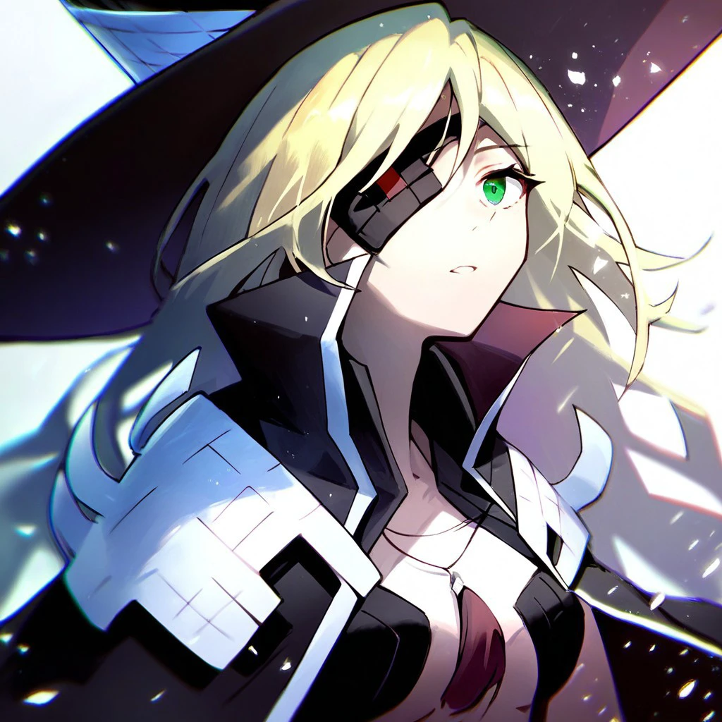 score_9, score_8_up, score_7_up,
othinus, 1girl, solo, long hair, blonde hair, eyepatch, green eyes, medium breasts, 
hat, witch hat, cape, black cape,