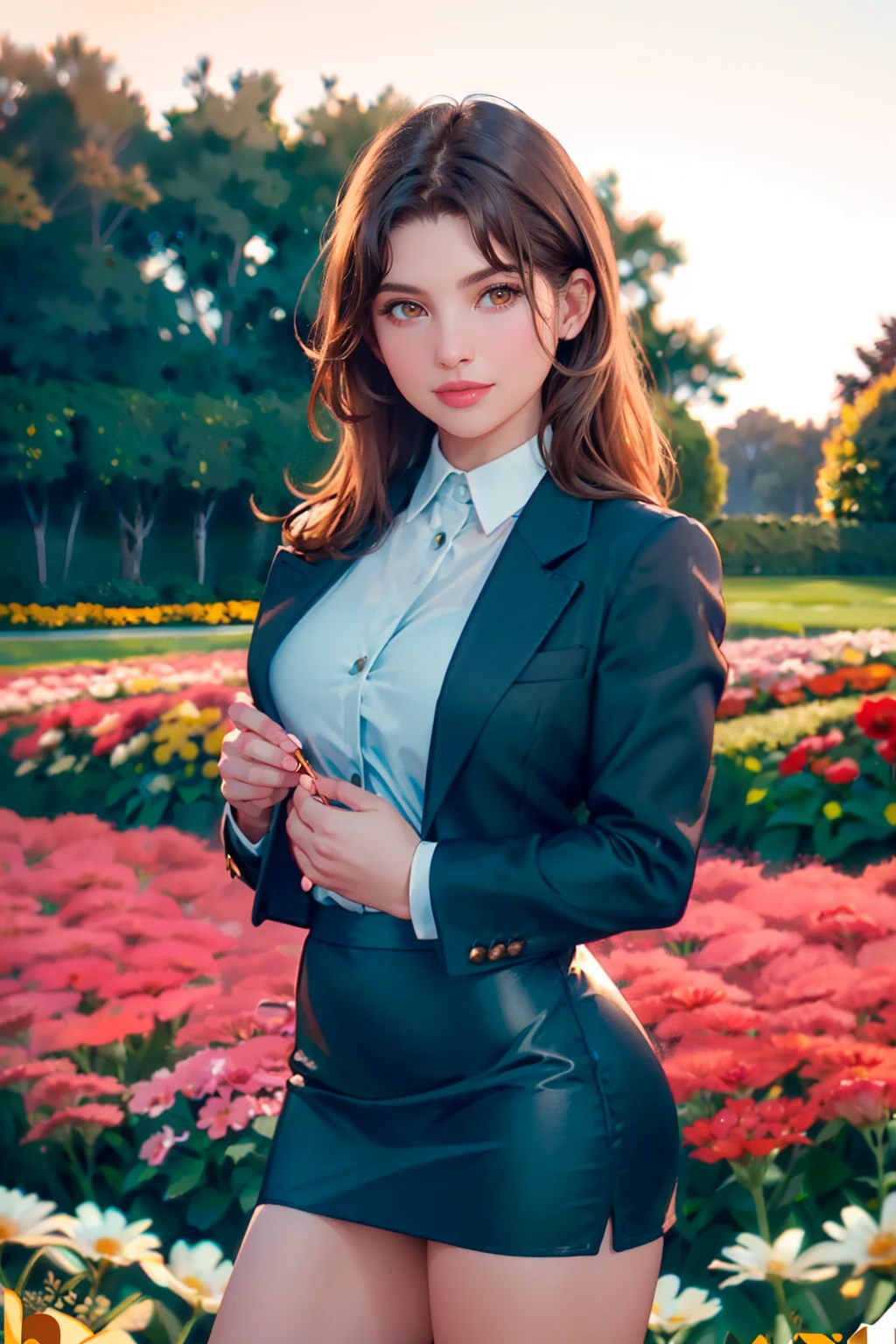 a ((portrait, upper body focus)) photograph of (1girl, 28 years old, slight smile), <lora:ZH_AmandaCerny_v1SD15:1>, zh_amandacerny, solo, realistic, brown eyes, looking at viewer, wearing (jacket, button shirt, and pencil skirt)wearing (elegant dress)