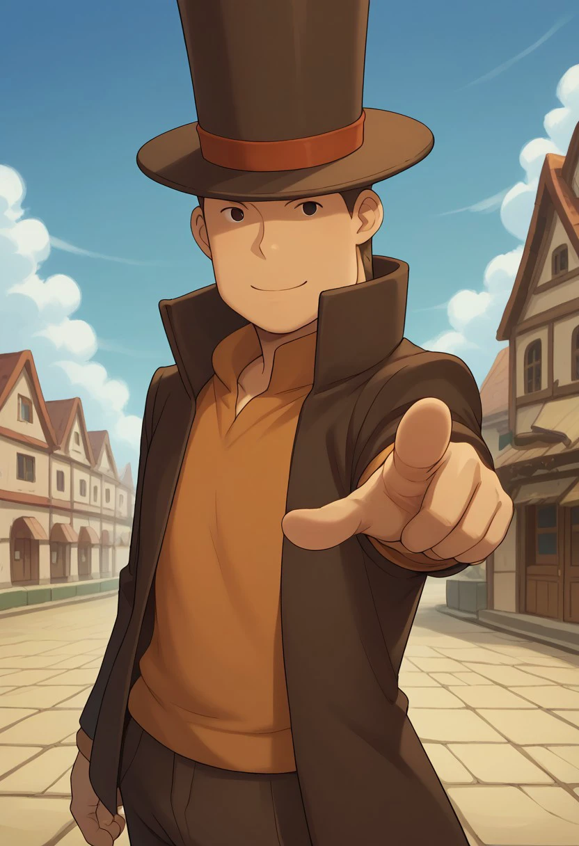 score_9, score_8_up, score_7_up, source_anime, highly detailed, 
proflayton, hat, solo, 1boy, male focus, pointing, top hat, brown hair, pointing at viewer, upper body, standing, smile, shirt, orange shirt, brown jacket, brown pants, closed mouth,
outdoor, sky, building, steampunk