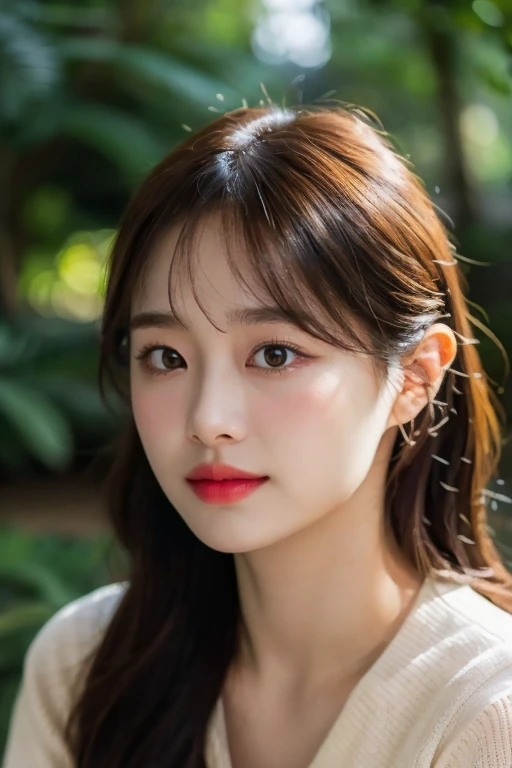 masterpiece, best quality, ultra-detailed, ultra high res, (photorealistic:1.4), raw photo, (realistic:0.2), 8k HDR, realistic lighting, 1girl, solo, asymmetrical hair, outdoors, bokeh, (detailed lips), (detailed pores), (detailed skin textures), (detailed face:1.2), (upper body:1.3), cardigans,