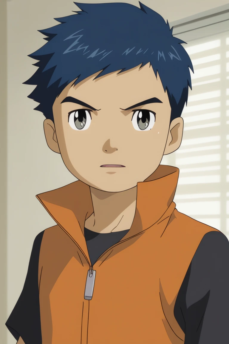 score_9, score_8_up, score_7_up, score_6_up, detailed, intricate details, highres, absurdres ,source_anime, cowboy shot, henry wong, blue hair, grey eyes, green 1boy, male focus, solo, looking at viewer, short hair, parted lips, upper body, portrait, orange vest, black shirt<lora:EMS-421332-EMS:1.000000>