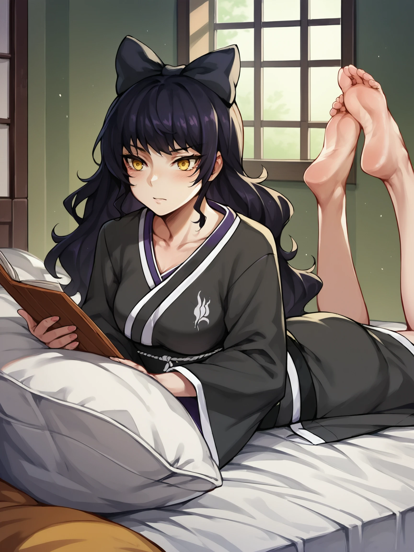 BlakeBelladonna, 1girl, black hair, yellow eyes,  Lying on the stomach, legs kicked up in the air, score_9, score_8_up, score_7_up, source_anime, masterpiece, ((detailed indoors background)), furniture, 

, BlakePajamas, black kimono, short kimono, japanese clothes, hair bow, barefoot, bare legs