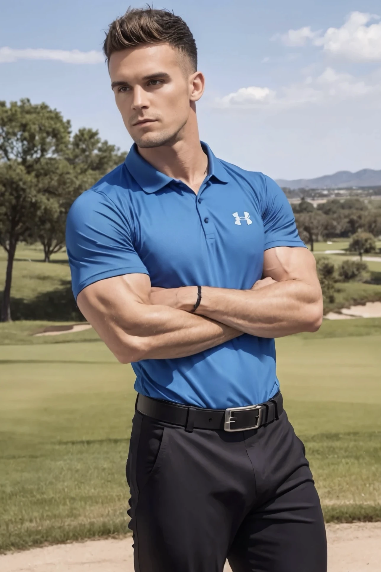 Gaz, ((wearing a tight blue under armour golf polo shirt:1.2)), ((blue golf polo shirt sleeves tight around his biceps:1.3)), ((wearing tight fitted black pants with black belt with a silver buckle:1.2)), standing on golf course, (golf course background:1.3), male focus, ((half body body image:1.2)), dramatic lighting, broad shoulders, defined toned body, muscled biceps, looking at the viewer, brown eyes, short brown hair, wide angle, ((confident attitude:1.3)), clean shaven