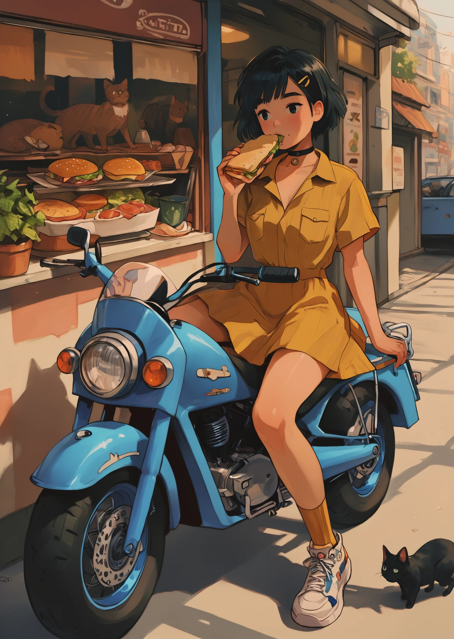 Score_9, score_8_up, score_7_up, score_6
Cuti3C0mics 1girl, solo, short hair, black hair, hair ornament, dress, holding, sitting, short sleeves, food, shoes, choker, socks, hairclip, black eyes, shadow, eating, cat, holding food, ground vehicle, sneakers, motor vehicle, pocket, breast pocket, motorcycle, sandwich, yellow socks
<lora:Cuti3C0mics Pony Style V2:1>