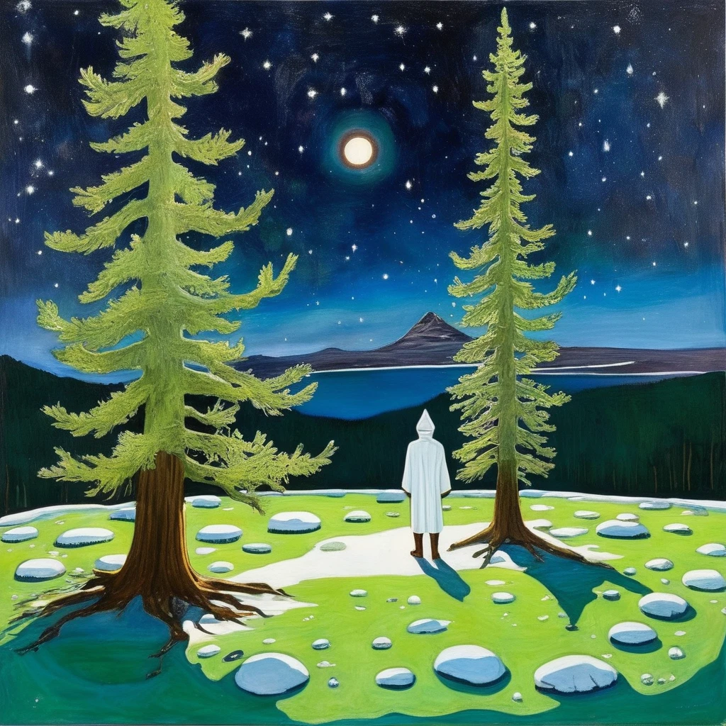 oil painting art by peter doig, night sky, occult, arboreal robes, people, glowing air stream tree channel, <lora:AborealNewNew:1>, (((Green Nature Night Photography Art))), green moss cave, fire, deer, eye of providence, landscape, abstract nature art, blue river, white snowcap mountains, stars in the night sky, magic circles