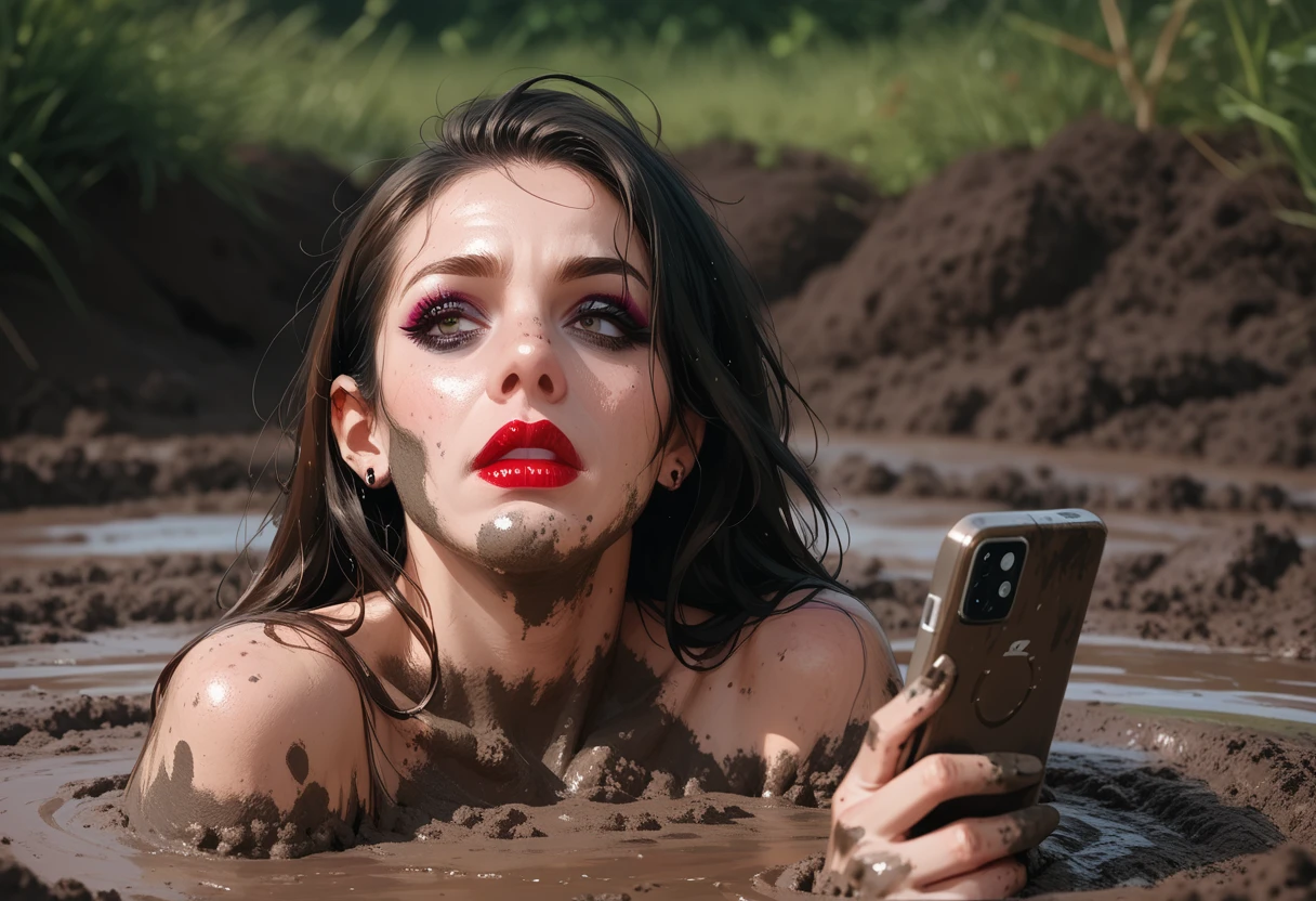 score_9, score_8_up, score_7_up, score_6_up, 1girl, makeup, lipstick, smartphone, holding, hud_quiks4nd, dirt, mud, quicksand, outdoors, partially submerged, dirty face, <lora:mynameismud-000008:0.8>