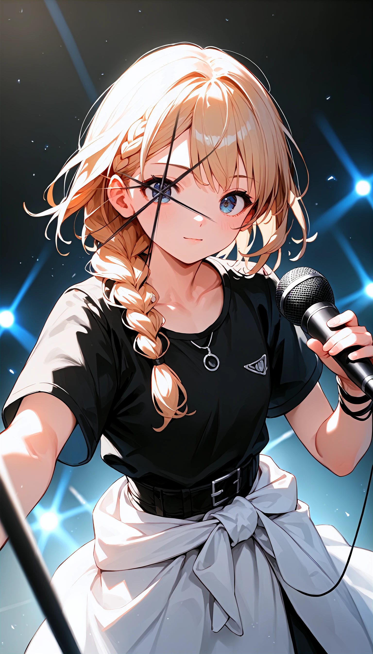 score_9,score_8_up,score_7_up,source_anime,
1girl,solo,single braid,clothes_around_waist,facing viewer,microphone,dynamic_angle,
<lora:stareye starlight_pony_bx-v1.01:1>,black stareye,