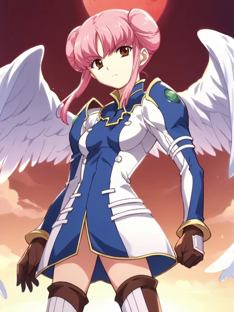 score_9, score_8_up, score_7_up, source_anime, 2d, anime_screencap <lora:rinreiranonlyyoupony:1>,
1girl, solo, rinreiran, pink hair, brown eyes, double bun, two-tone_dress, gloves, thigh boots, angel wings, standing, dutch angle, red moon, serious