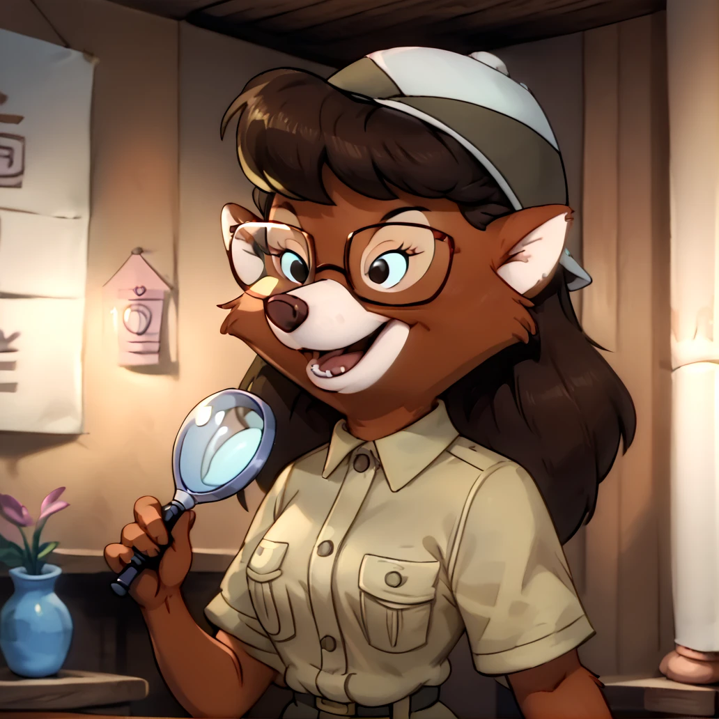 score_9, score_8_up, score_7_up, score_6_up, score_5_up, score_4_up, BREAK,  <lora:Myra_foxworthy:1>, 1girl, holding magnifying glass, solo, smile, open mouth, shirt, hat, holding, upper body, short sleeves, teeth, pith helmet , collared shirt, indoors, buttons, furry, myra foxworthy, glasses, furry female, fox girl, brown hair, body fur, <lora:Beautiful_CAT_Pony:1> <lora:Smooth Anime Style LoRA XL:1>