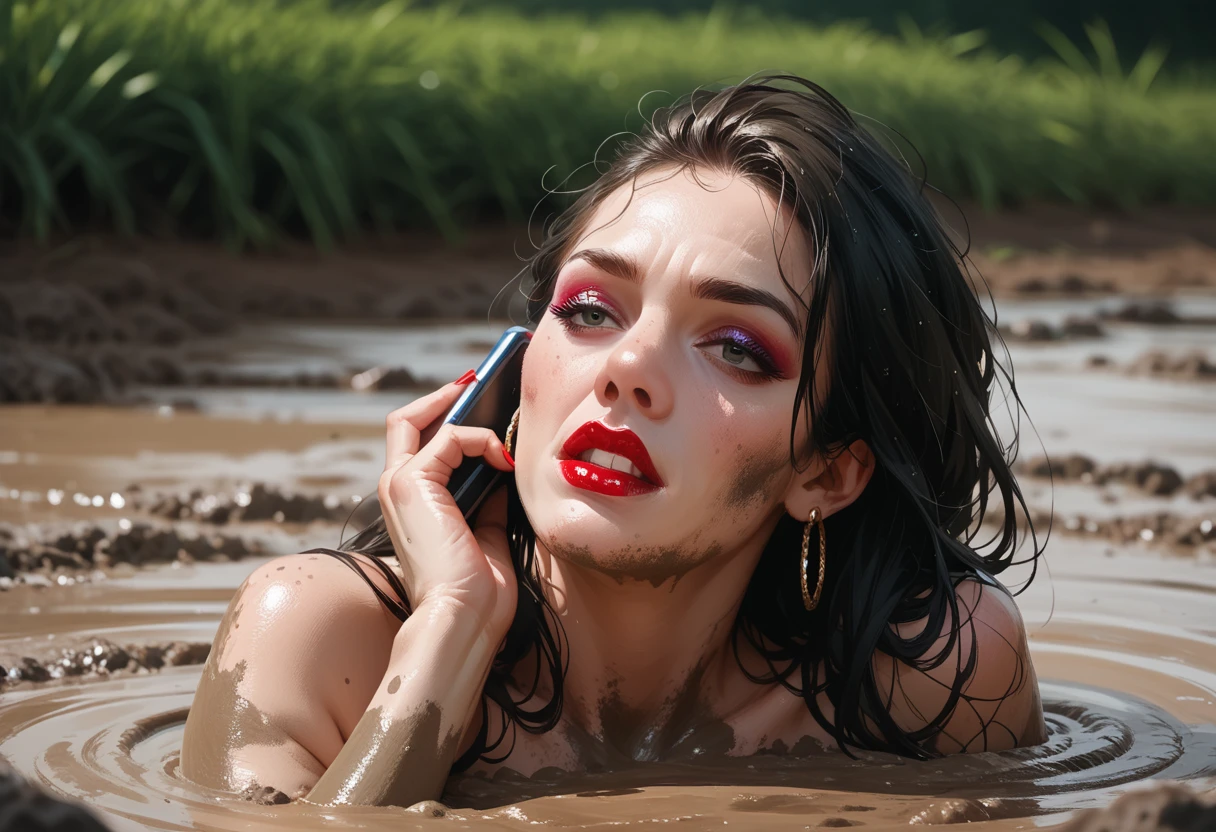 score_9, score_8_up, score_7_up, score_6_up, 1girl, makeup, lipstick, smartphone, holding, hud_quiks4nd, quicksand, outdoors, partially submerged, dirty face, <lora:mynameismud-000008:0.8>