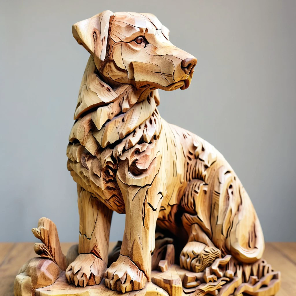 made of wood, wooden, detailed dog,