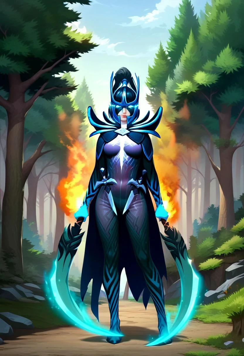 score_9, score_8_up, score_7_up, score_6_up, derpibooru_p_95, source_anime, very aesthetic, anime screencap, anime coloring, 
phantom assassin arcana, phantom assassin arcana \(dota 2\), 1girl, solo, breasts, looking at viewer, holding, medium breasts, standing, full body, weapon, outdoors, sword, cape, holding weapon, tree, bodysuit, glowing, holding sword, helmet, fire, nature, glowing eyes, forest, dual wielding, glowing weapon, glowing sword