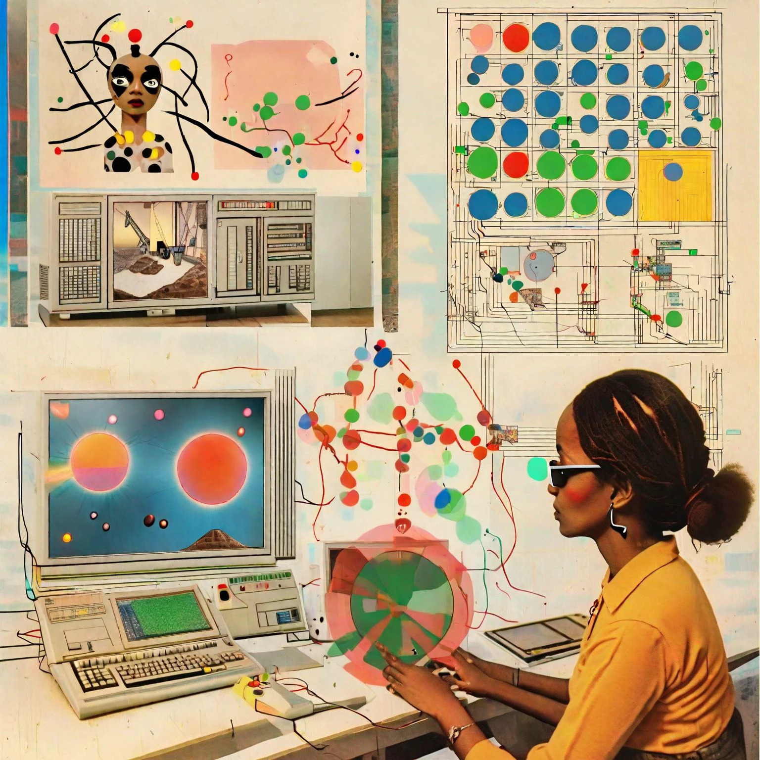 a photography of a afroamerican woman with a computer and robots in the laboratory, promptingchanges a abstract joan miro about sunset meme anime eyes a satelite diagram and wireframe .<lora:prompting_changes:1>  <lora:SDXL_MSPaint_Portrait:0.88>