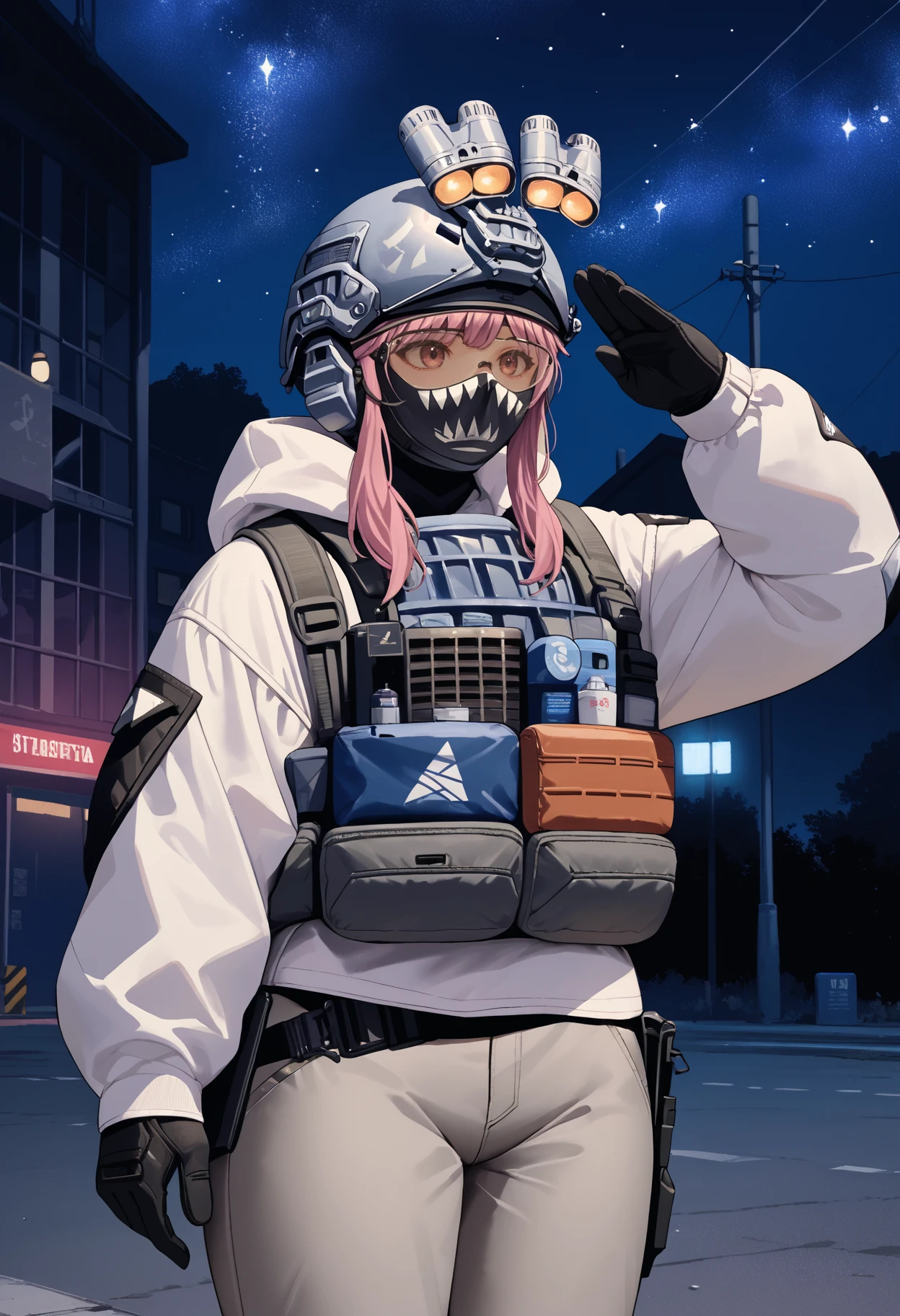 score_9, score_8_up, score_7_up, source_anime BREAK 1girl, solo, <lora:soldiereg-nikke-richy-v1_pdxl:1> sldreg, pink hair, bangs, helmet, headgear, goggles, mask, white hoodie, bulletproof vest, tactical clothes, gloves, grey pants, pink eyes, salute, standing, outdoors, dark, darkness, night, night sky, starry sky