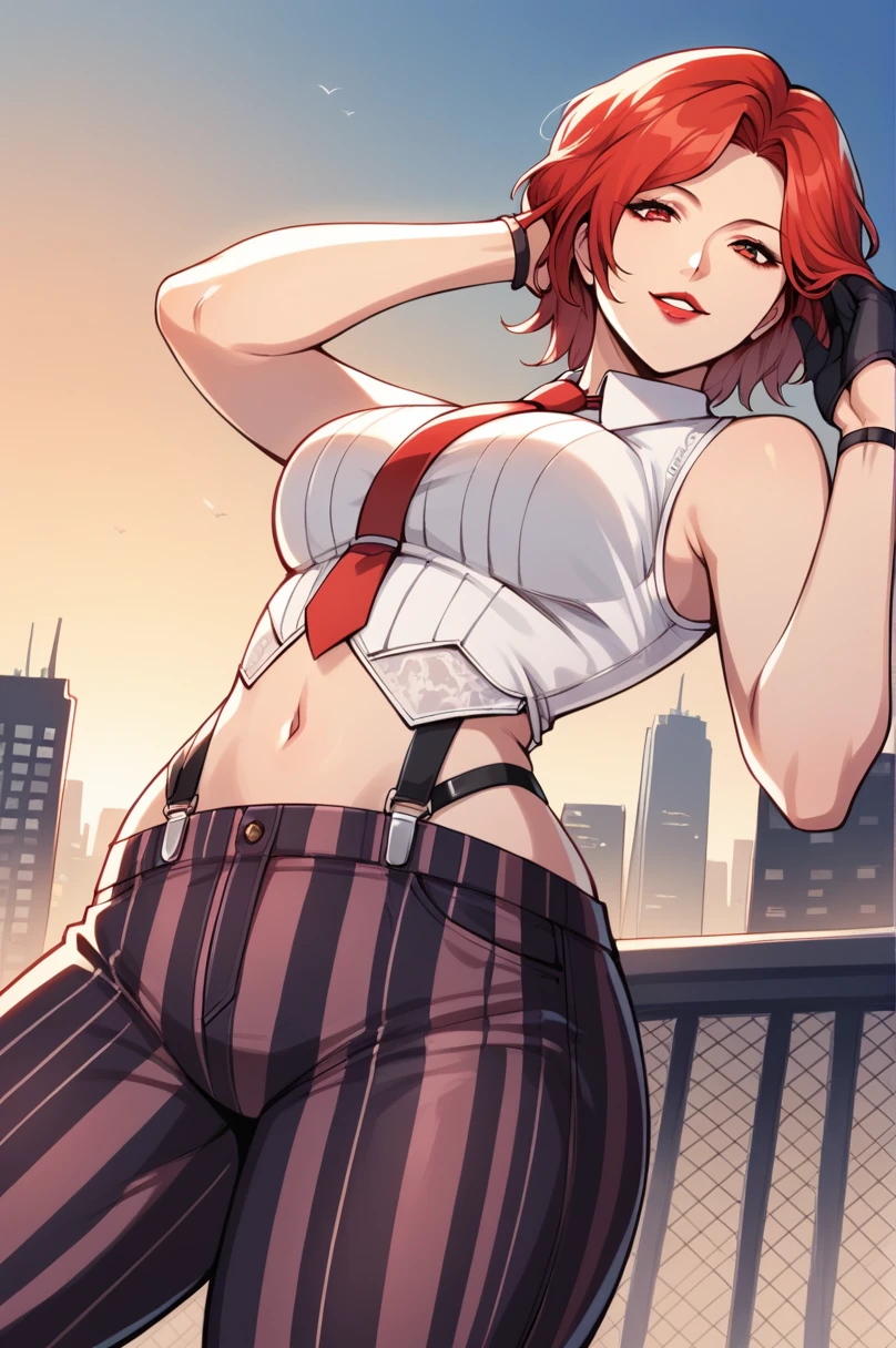 score_9, score_8_up, score_7_up, score_6_up, source_anime, BREAK masterpiece,  <lora:VanessaKOF_V2:0.9>, VanessaKOF, red hair, short hair,sleeveless shirt, red necktie, black gloves, striped pants, navel, suspenders, rooftop, cityscape, sunset, flowing hai...