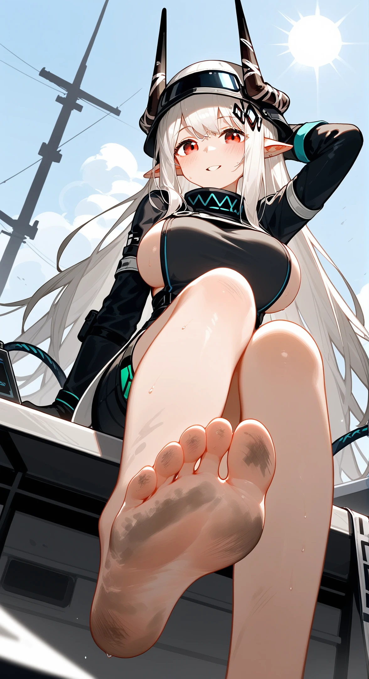 score_9,score_8_up,score_7_up,1girl,mudrock (arknights),dirty,feet,gloves,helmet,horns,soles,red eyes,barefoot,pointy ears,breasts,solo,long hair,white hair,black gloves,toes,hardhat,foot focus,large breasts,looking at viewer,sitting,sideboob,sweat,parted lips,dirty feet,holding,outdoors,sky,bangs,oripathy lesion (arknights),day,smile,blush,demon horns,infection monitor (arknights),foreshortening,sun,