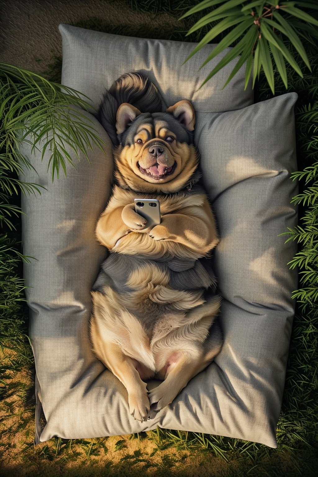 portrait photo of a fat dog lying on ground and playing with her smartphone in forest, from above, smile, casual, (gray pillow), relaxed pose, 
leaves in foreground, a gentle breeze blew by, long soft grasses, moody light, warm dim glow, symmetrical composition, 
<lora:LyingBack_v1.0:0.9>,