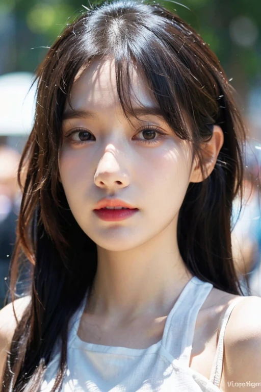 masterpiece, best quality, ultra-detailed, ultra high res, (photorealistic:1.4), raw photo, (realistic:0.2), 8k HDR, realistic lighting, 1girl, solo, asymmetrical hair, outdoors, bokeh, (detailed lips), (detailed pores), (detailed skin textures), (detailed face:1.2), (upper body:1.3), simple dress,