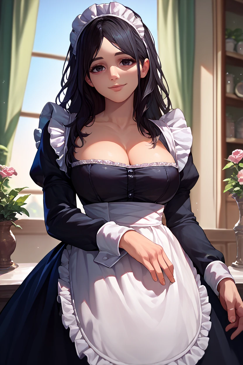 score_9, score_8_up, score_7_up, score_6_up, source_anime, 1girl, solo  <lora:pieckfinger-pdxl-nvwls-v1-000006:1> aotpf, black hair, long hair, black eyes, maid headdress, maid dress, cleavage, frills, apron, black dress, big breasts, looking at you, happy, bedroom