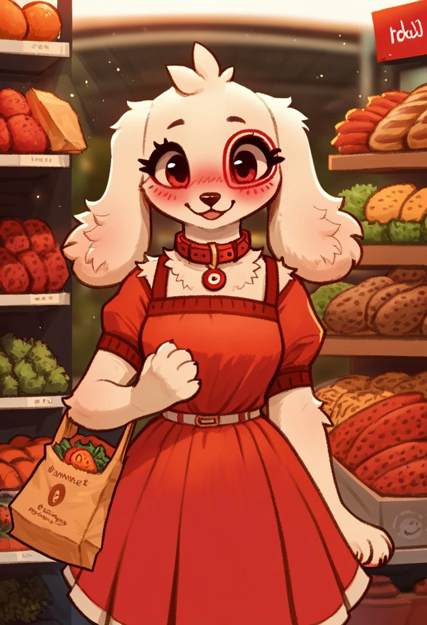 score_9, score_8_up, score_7_up, score_6_up, score_5_up, score_4_up, rating explicit, source furry BREAK 
solo,blushing, female, upper body, happy, excited, holding groceries with both hands, paper bag with groceries, supermarket background,  market background, blurred background, bright colours, chibi, cute, overflowing bag of groceries, holding bag in front, vegetables and fruits, loaf of bread, 
intricate details, detailed background, detailed fur,  digitigrade, 
,Digital /(artwork/), digital art, soft lighting, ray tracing, god rays, 
anthro, dog, canid, floppy ears, white fur, white and red dress, collar, target sign collar, target sign, eye marking, red eye marking, furry, spot, target dog,