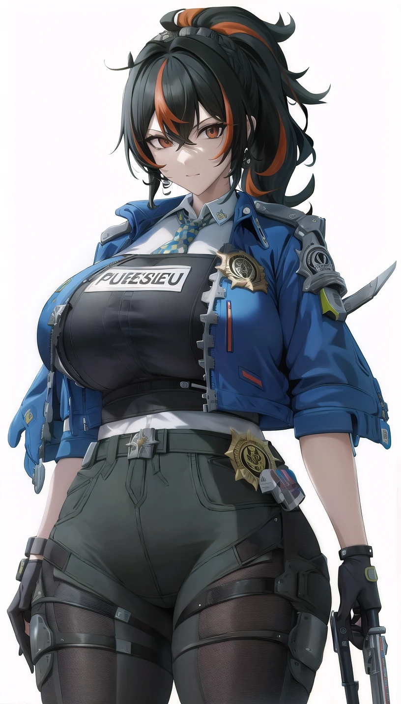 high ponytail, streaked hair,
blue jacket,black pants,police uniform,
(white background,simple background:1.18),
highres,official art,original,masterpiece,best quality,
(huge breasts),
<lora:zhuyuan2:0.8>