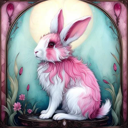 bunny,pink fur , no humans,, ArsMJStyle, (Art Noveau), <lora:ArsMJStyleSDXL_-_Art_Nouveau:1>