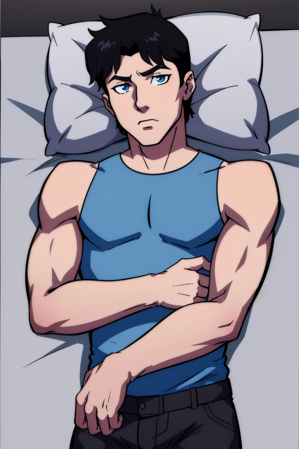 Nightwing,1boy,solo,sleeping,in bed,lying,black hair,short hair,male focus,blue eyes,white tonk top,sleeveless,,anime coloring,looking at viewer,masterpiece,best quality,8k,higres