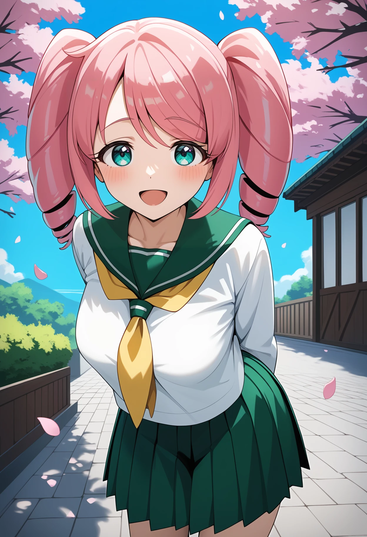 score_9, score_8_up, score_7_up, score_6_up, score_5_up, score_4_up, source_anime, aaharuka, pink hair, twintails, drill hair, aqua eyes, breasts, serafuku, green sailor collar, yellow neckerchief, white shirt, long sleeves, pleated skirt, green skirt, <lora:hanabishi_haruka_ponyxl_v1:0.9>, smile, open mouth, standing, cowboy shot, leaning forward, bent over, outdoors, cherry blossoms, petals, arms behind back,