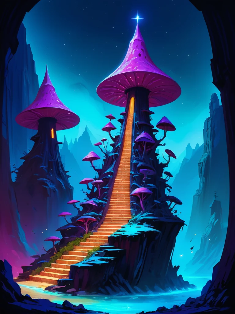 digital painting, romanesque mana node in a whimsical,epic cosmic neon color:blue fantasy mountainside megastructure at the end of time, masterpiece<lora:EnvyMushroomWorldXL01:1>