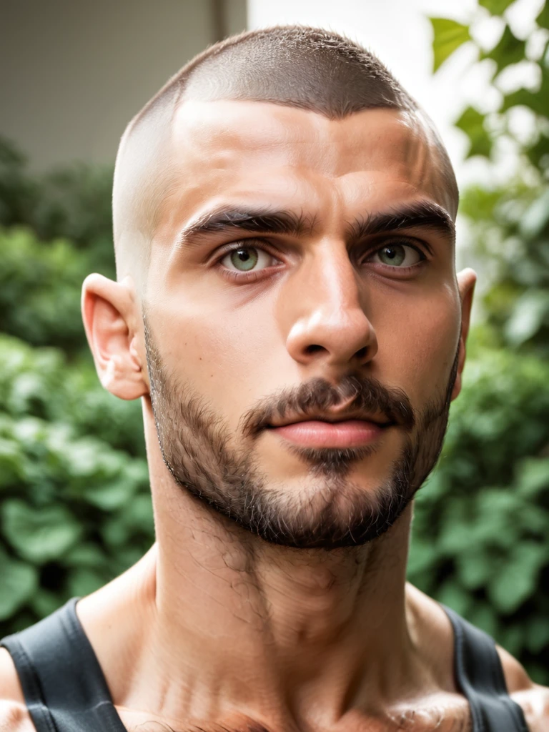 score_9, score_8_up,score_7_up, score_6_up, score_5_up, score_4_up, hyperrealistic, close up face, Adnan, buzzcut, man standing in garden, hairy body, hairy, sunny day, jeans, tank-top, masterpiece, best quality, athletic,  <lora:TrSerkan-Adnan-Pony:0.8>