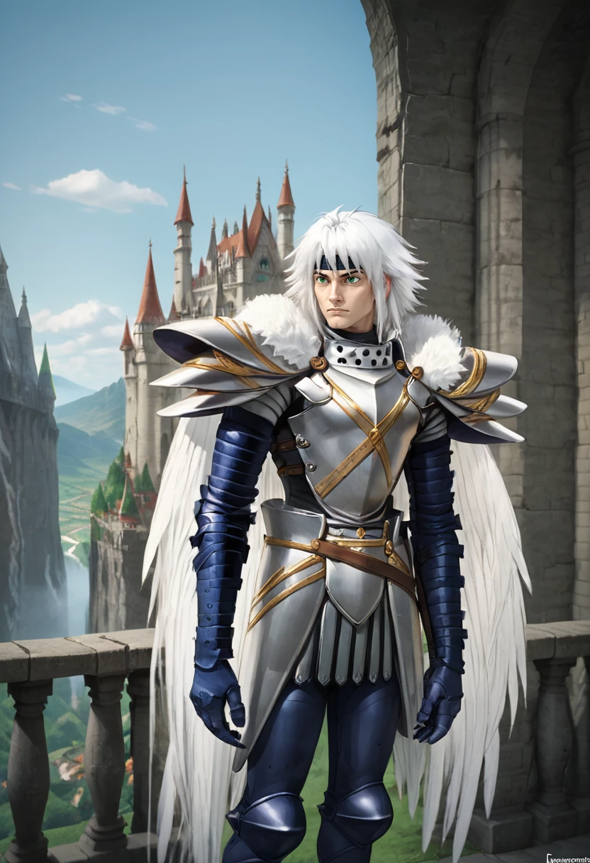 score_9, score_8_up, score_8,    <lora:Balmung_DotHack_for_PonyXl:0.8> 1boy, b4lmung, wings, male focus, armor, white hair, green eyes, solo, headband, outdoors, castle balcony, scenery, kingdom,