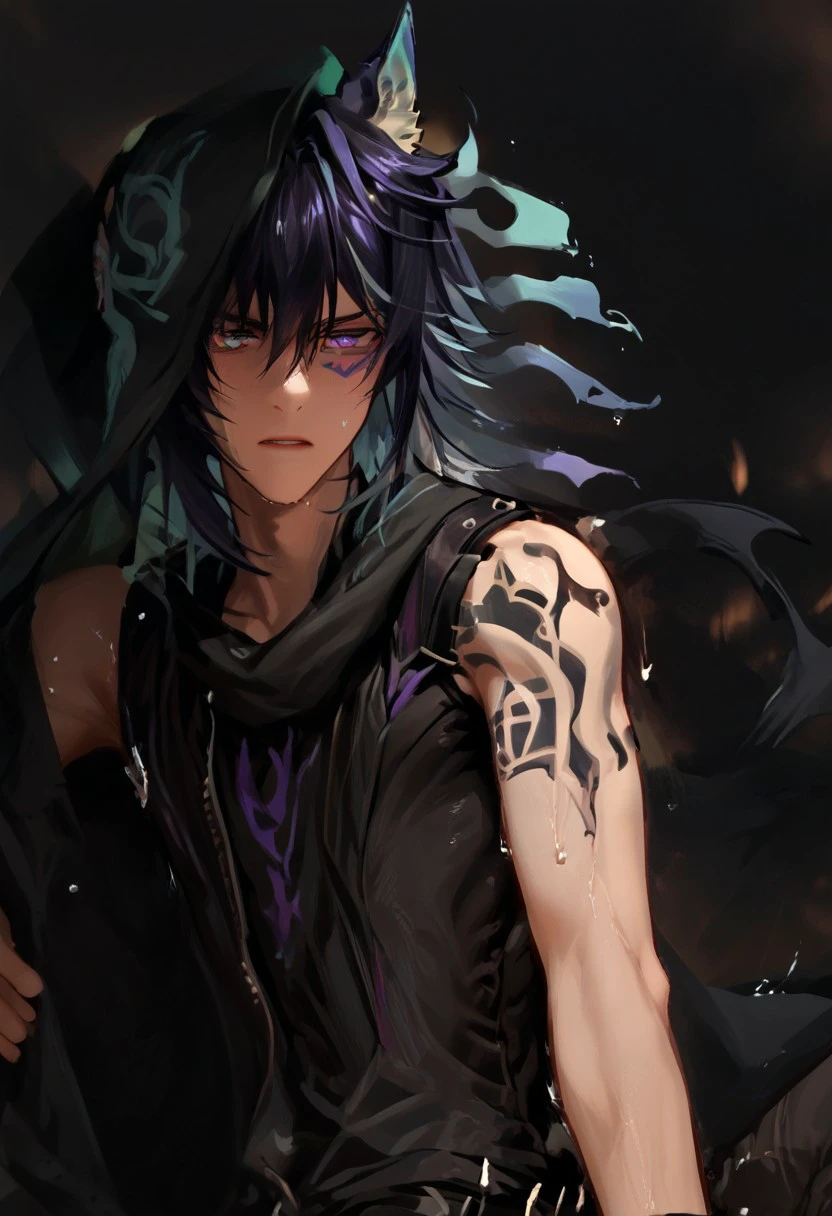 1boy, solo, male focus, animal ears, animal ear fluff, fox ears, ororon_(genshin_impact), black hair, spiky hair, messy hair, purple tint hair, green highlight, multicolored hair, wolf cut hair, hair between eyes, bangs, tan skin, Heterochromia, one green eye, one purple eye, facial marks, facial tattoo, fox boy, toned, broad shoulders, masculine jawline, slender, ripped, athletic, solo, ((restraining viewer, all fours, sleeveless, fully clothed, band aids, band aid, college sweat after Quidditch game, wet, close up face, detailed face)), Macro detailed realism style photograph, soft lighting, Expressiveh, 1man, sitting, (serious face:1.2), open mouth, heavy breathing, soft bright lighting, looking down, , looking at viewer, front view, chest view, role as top, masculine, detailed eyes, realism eyes, (sitting:1.2), from side view