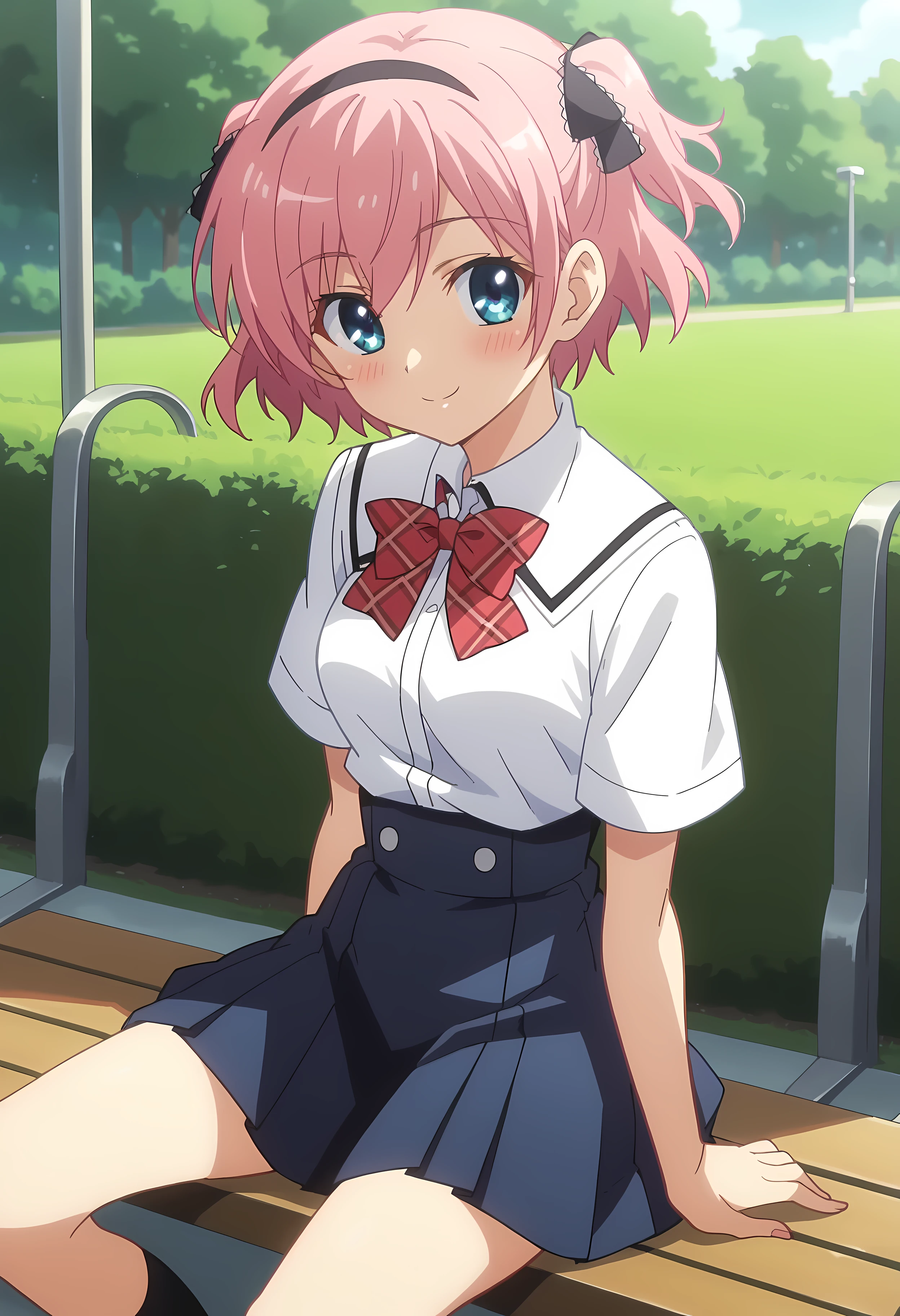 score_9, score_8_up, score_7_up, source_anime, 2d, Sachi Komine, 1girl, pink hair, short hair, blue eyes, medium breasts, black hair ornaments, black hairband, school uniform, red ribbon, anime coloring, anime screencap, detailed eyes, zPDXL, perfect faces, uncensored, rating_explicit,  <lora:sachi_komine_0-000035:1>, smile, happy, sitting on bench, park,