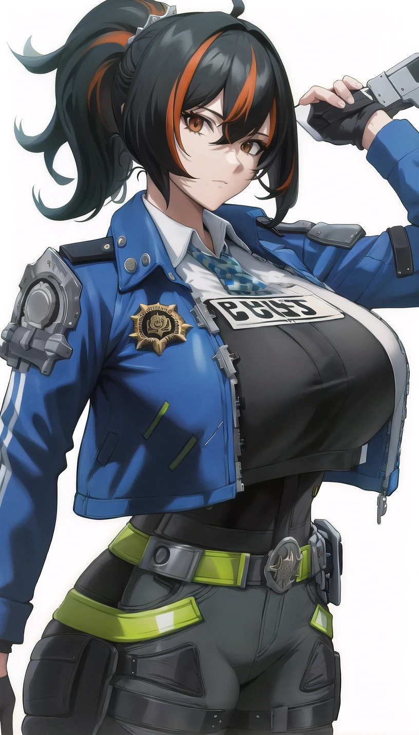 high ponytail, streaked hair,
blue jacket,black pants,police uniform,
(white background,simple background:1.18),
highres,official art,original,masterpiece,best quality,
(huge breasts),
<lora:zhuyuan2:0.8>