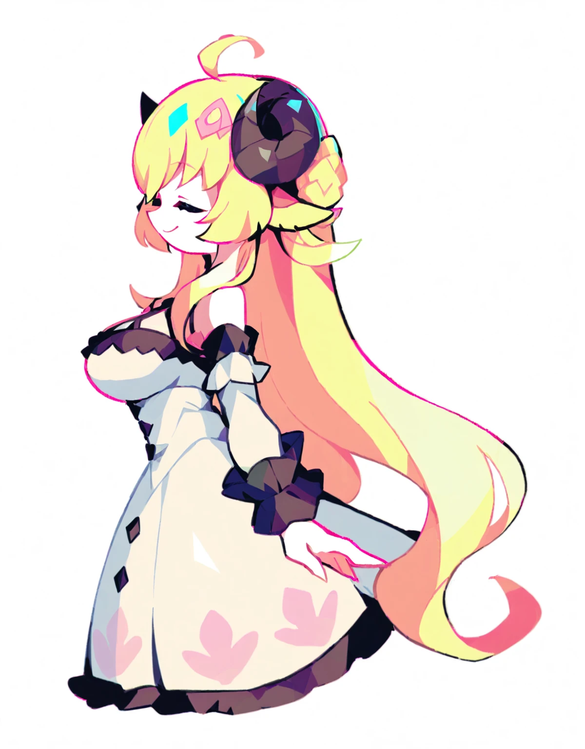 <lora:Petunia:1>,1girl, tsunomaki watame, solo, horns, long hair, virtual youtuber, sheep girl, breasts, blonde hair, animal ears, sheep horns, tsunomaki watame (1st costume), closed eyes, sheep ears, dress, very long hair, fur trim, half updo, white dress, large breasts, from side, ahoge, white background, smile, detached sleeves, simple background, braid, fur-trimmed dress, profile, closed mouth, sleeveless, bare shoulders, curled horns, masterpiece,newest,absurdres,safe,