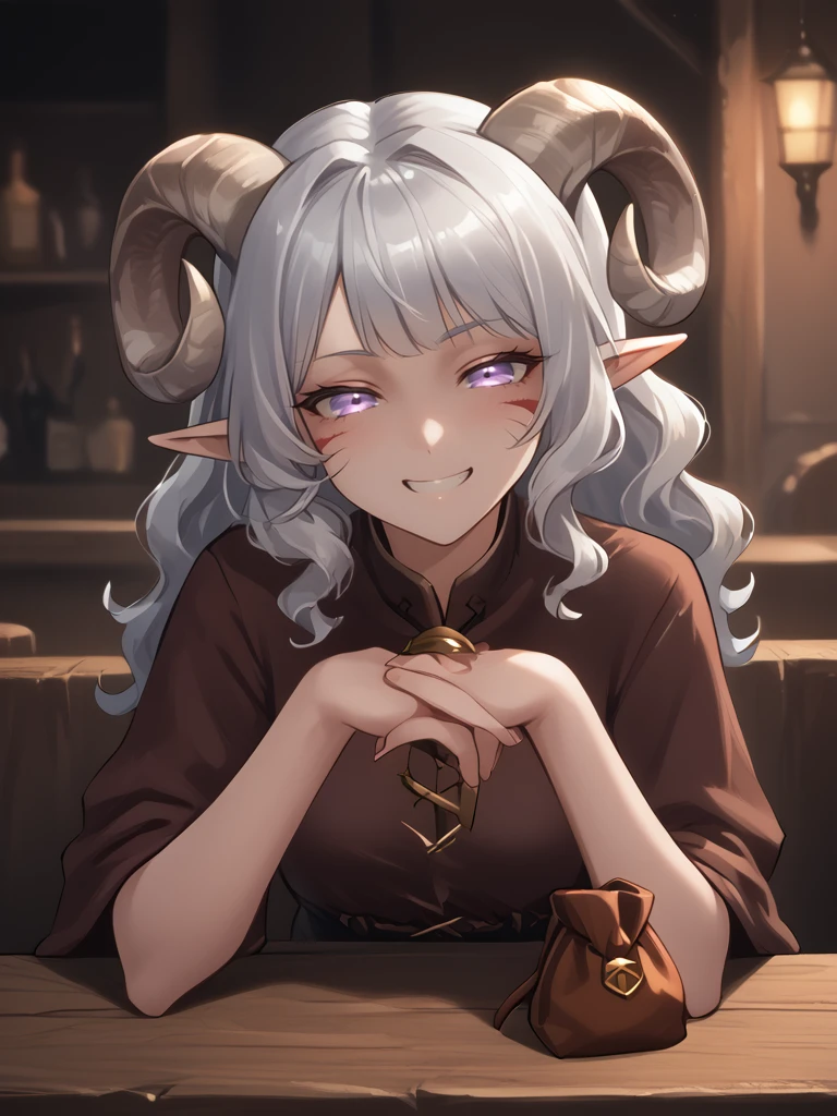 1girl, solo, source_furry, score_7_up, rating_safe, source_anime, anime face, 
<lora:whisker_markings:0.8>red whisker_markings, silver long wavy hair, short pointy ears, purple eyes, <lora:age_slider_v4:0.6>
<lora:Test_Diana:0.8> tiefling_bard_diana,  
<lora:Smooth Style 2 SDXL_LoRA_Pony Diffusion V6 XL:0.3> smile, open eyes, <lora:INKxXmo shaded face:0.6> Shaded FaceINKxXmo Dark Theme, 
close up, tavern,
  <lora:coin_pouch:1> pouch on belt ,
small pouch on table