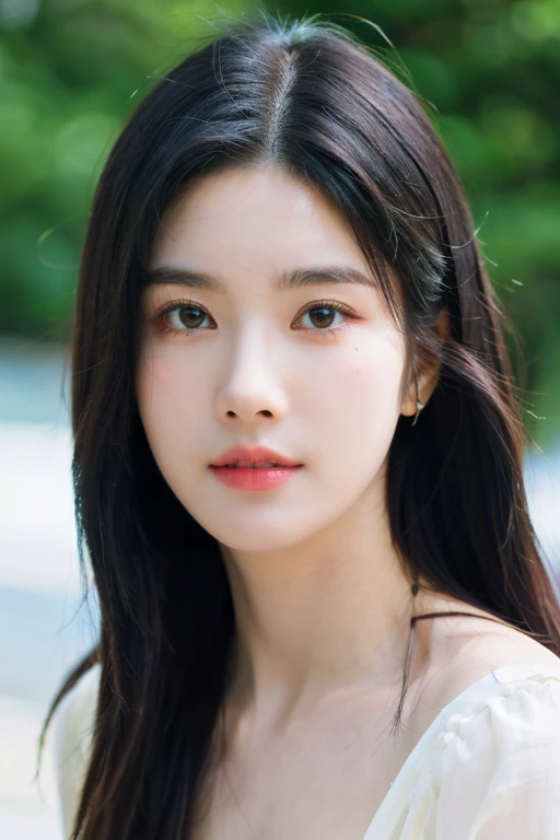 masterpiece, best quality, ultra-detailed, ultra high res, (photorealistic:1.4), raw photo, (realistic:0.2), 8k HDR, realistic lighting, 1girl, solo, asymmetrical hair, outdoors, bokeh, (detailed lips), (detailed pores), (detailed skin textures), (detailed face:1.2), (upper body:1.3), simple dress,