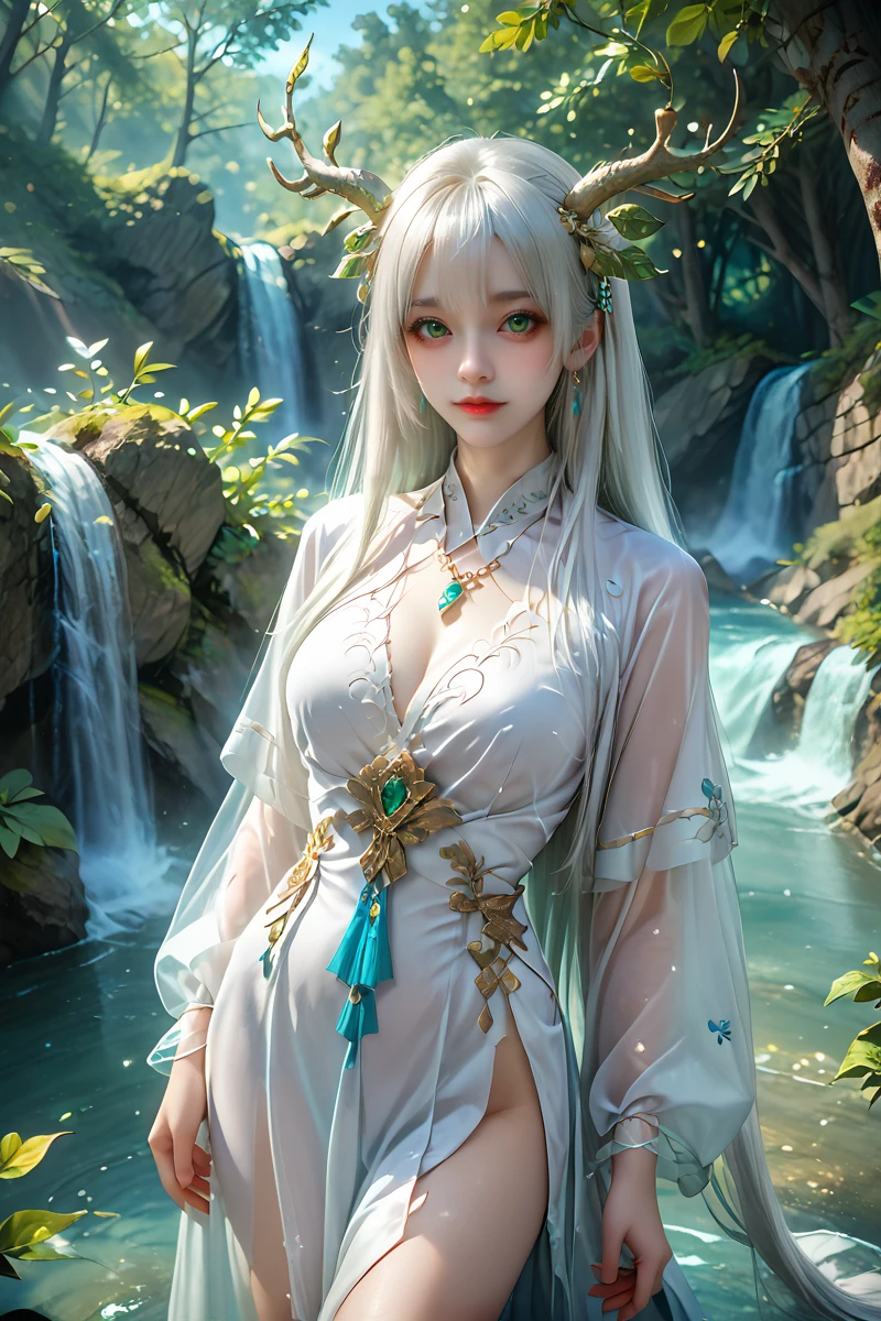 score_9,score_8_up,score_7_up,highly detailed,8k,very aesthetic,masterpiece,best quality,high budget,perfect anatomy,,henteng,1girl,long hair,solo,angle,waterfall,white hair,white clothes,looking_at_viewer,perspective,whole body,standing,tree,green eyes,hair_ornament,jewelry,<lora:shenteng-1:0.7>