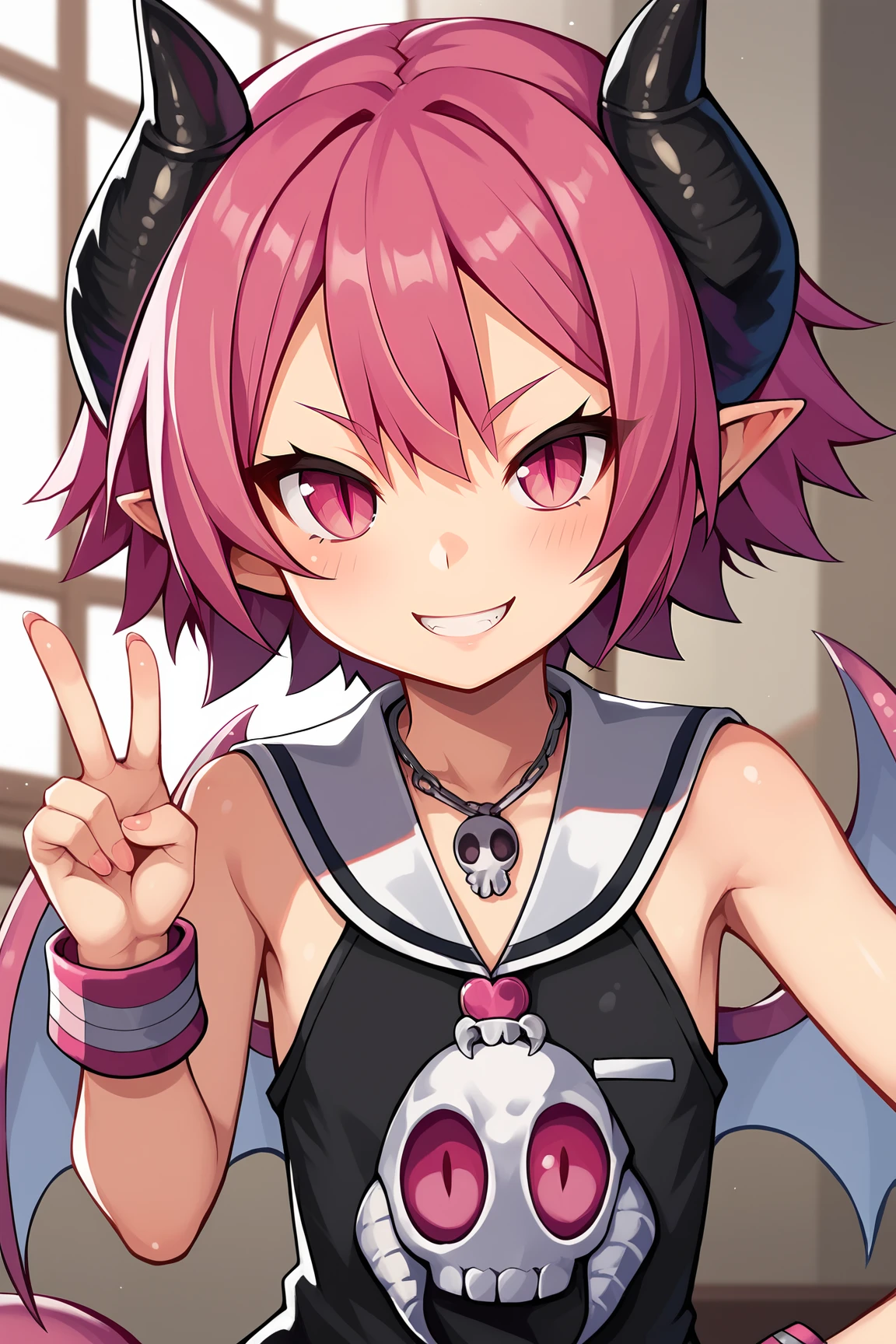 score_9, score_8_up, score_7_up, score_6_up, BREAK, RaspberylD3XL, slit pupils, pink eyes, pink hair, short hair, bangs, pointy ears, black horns, tail, flat chest, wings, necklace skull, bare shoulders, white sailor collar, black dress, solo, front view, (portrait, upper body), solo focus, peace sign, seductive smile, looking at viewer, indoors <lora:RaspberylD3XL:0.8>