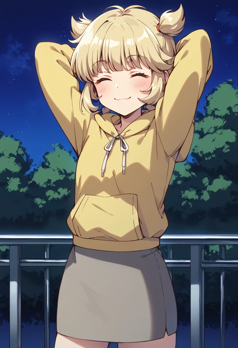 score_9, score_8_up, score_7_up, source_anime, BREAK
fong pudding, blonde hair, :3, closed eyes, 1girl, arms behind head, smile, green hair, arms up, long sleeves, solo, short hair, happy, ^ ^, outdoors, blush, twintails, bangs, railing, stretch, eyebrows visible through hair, brown hair, twin braids, night, arm behind head, tree, closed mouth, hood down, yellow hoodie, yellow jacket, anime coloring, drawstring, hooded jacket, standing, grey skirt, pencil skirt, miniskirt, night sky
<lora:mew_pudding_fong_pudding_sdxl_locon_pony_v1:0.7>