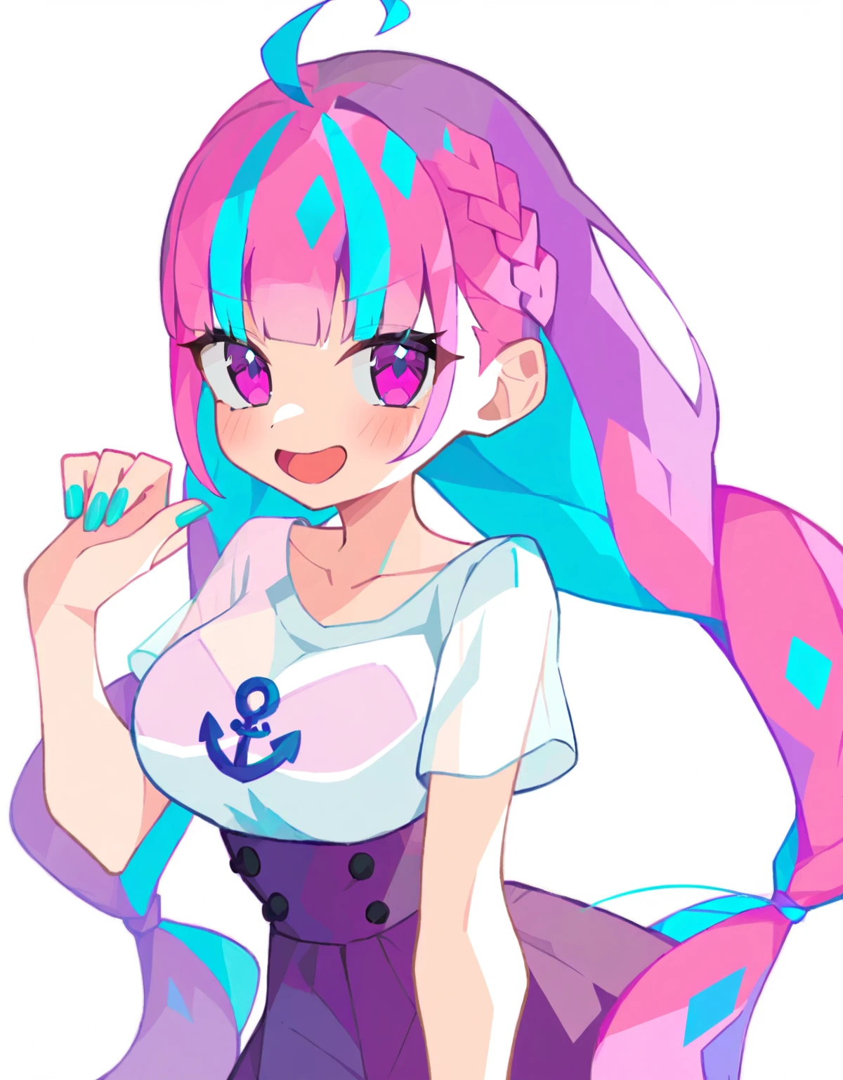 <lora:Petunia:1>,1girl, minato aqua, virtual youtuber, long hair, solo, multicolored hair, two-tone hair, colored inner hair, open mouth, skirt, twintails, blue hair, blush, ahoge, white background, braid, shirt, smile, looking at viewer, breasts, simple background, purple eyes, white shirt, purple skirt, nail polish, blue nails, :d, purple hair, streaked hair, see-through, alternate costume, high-waist skirt, collarbone, pink hair, very long hair, short sleeves, large breasts, medium breasts, anchor symbol, masterpiece,newest,absurdres,safe,