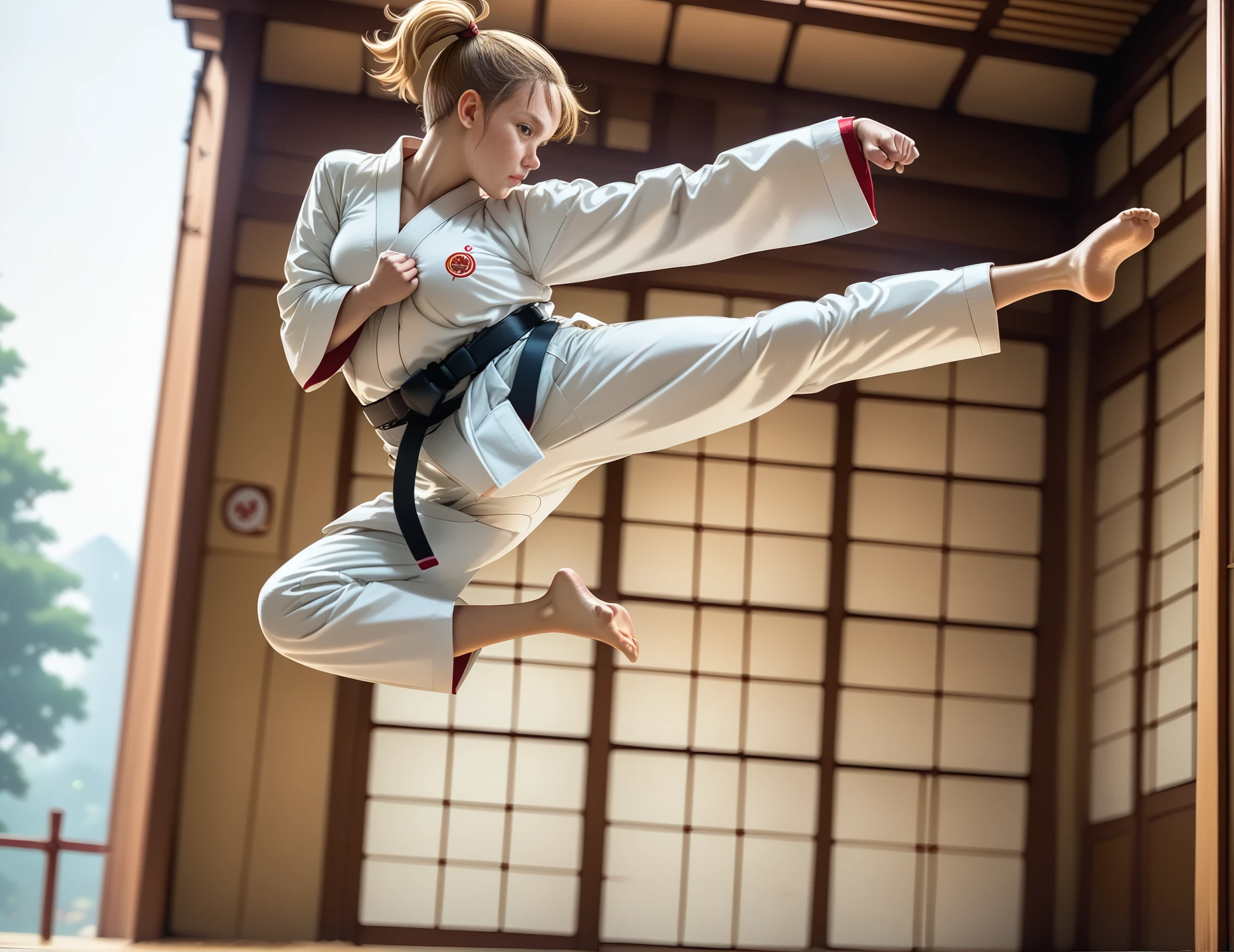 score_9, score_8_up, score_7_up, jusiki, side view, (slim 25yo female), doing a high jump sidekick, in dojo. karate uniform and black belt,short blonde ponytail <lora:JumpedSideKickPony-000007:1>