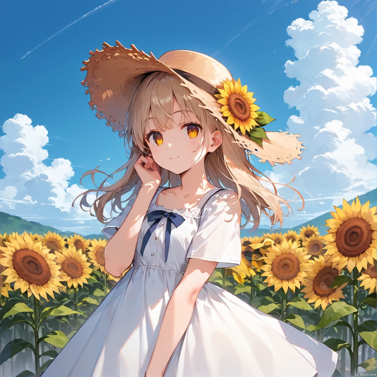 score_9, score_8_up, score_7_up,source_anime, (high res image:1.4),masterpiece,best quality,girl,cute face,clear skin,shiny hair,ultra detailed eyes,sunflowers,outdoor,sky <lora:straw hat_pony_V1.0:0.6> straw hat, hat ribbon, <lora:jyoji one piece_Pony_V1.0:0.8> jyojifuku, dress