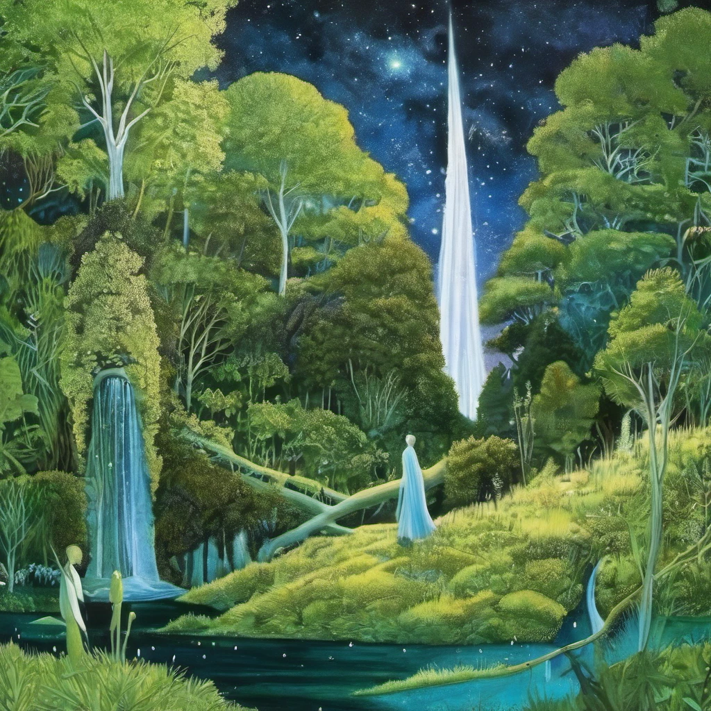 night sky, occult, aboreal robes, people, portal to heaven, glowing air stream tree channel, <lora:HuemanAboreal-000008:1>, HuemanAboreal, Nature Night Photography Painting, green moss cave, fire, deer, eye of providence, landscape, abstract nature art, blue river, white snowcap mountains, art by gregory euclide, milky way, stars in the night sky, magic circles