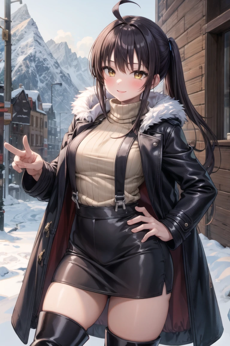 (masterpiece, best quality, beautiful and aesthetic:1.2), 1girl, solo,(soft skin:1.1),standing, cowboy shot,(detailed background), outside, snowstorm in the ice mountains, at dawn, winter clothes, (long overall coat:1.3), turtleneck sweater, (miniskirt:1.3), (long fur leggings:1.3),  (long leather boots:1.3), charming pose, seductive, smiling, yellow eyes, black hair, pony tail, ahoge, 
<lora:sakuraprin-10:0.7:lbw=ALL>