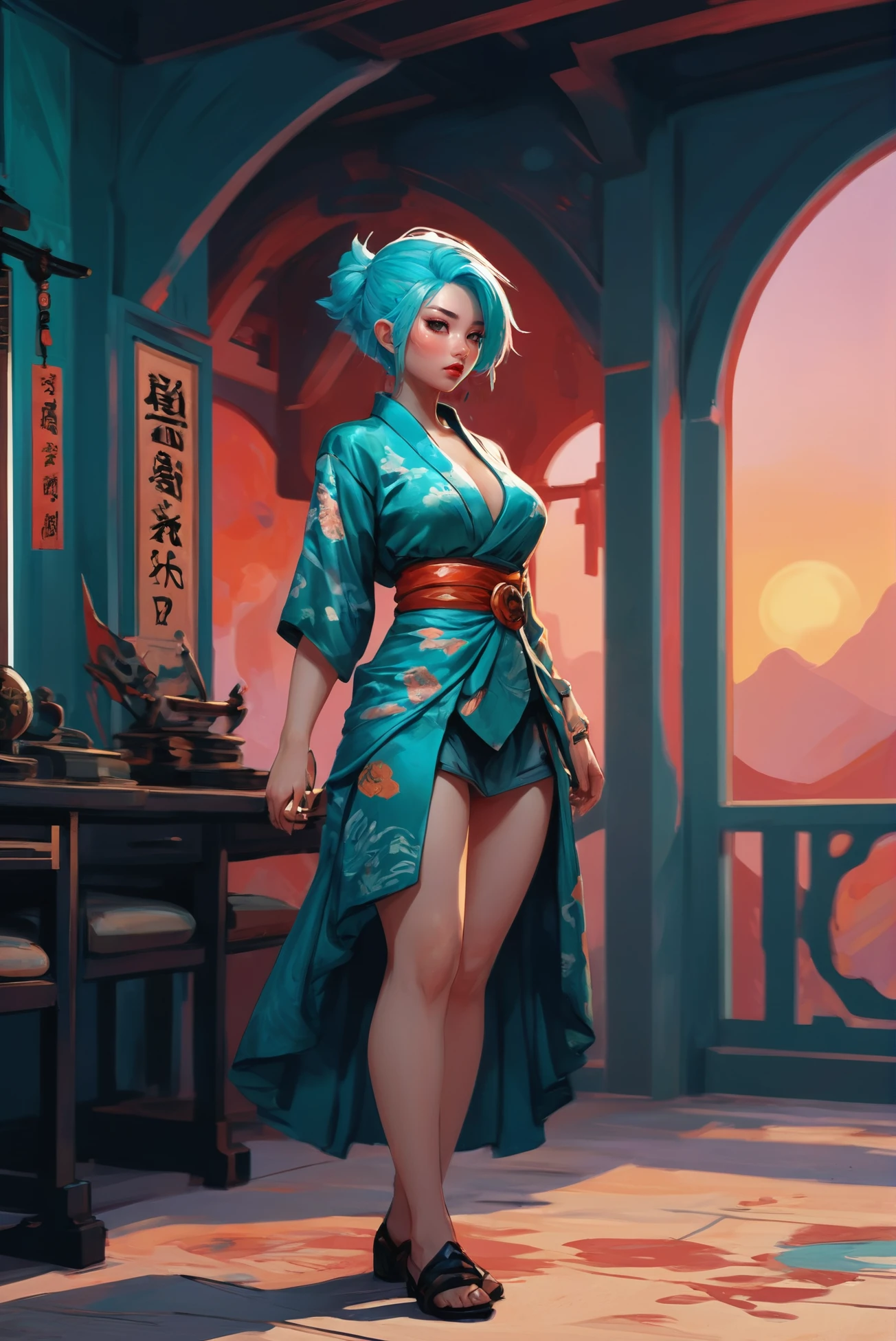 digital painting, Weird Fantasy Arcane Clothier, Weapon racks, 1girl, woman, elf desert ninja lord villainess, patterned silk kimono, short skirt, mask, dagger, sunset, bombshell hair, aqua hair, ahoge, thicc athletic build, large breasts, chinese<lora:EnvyMedievalInteriorXL01:0.75>