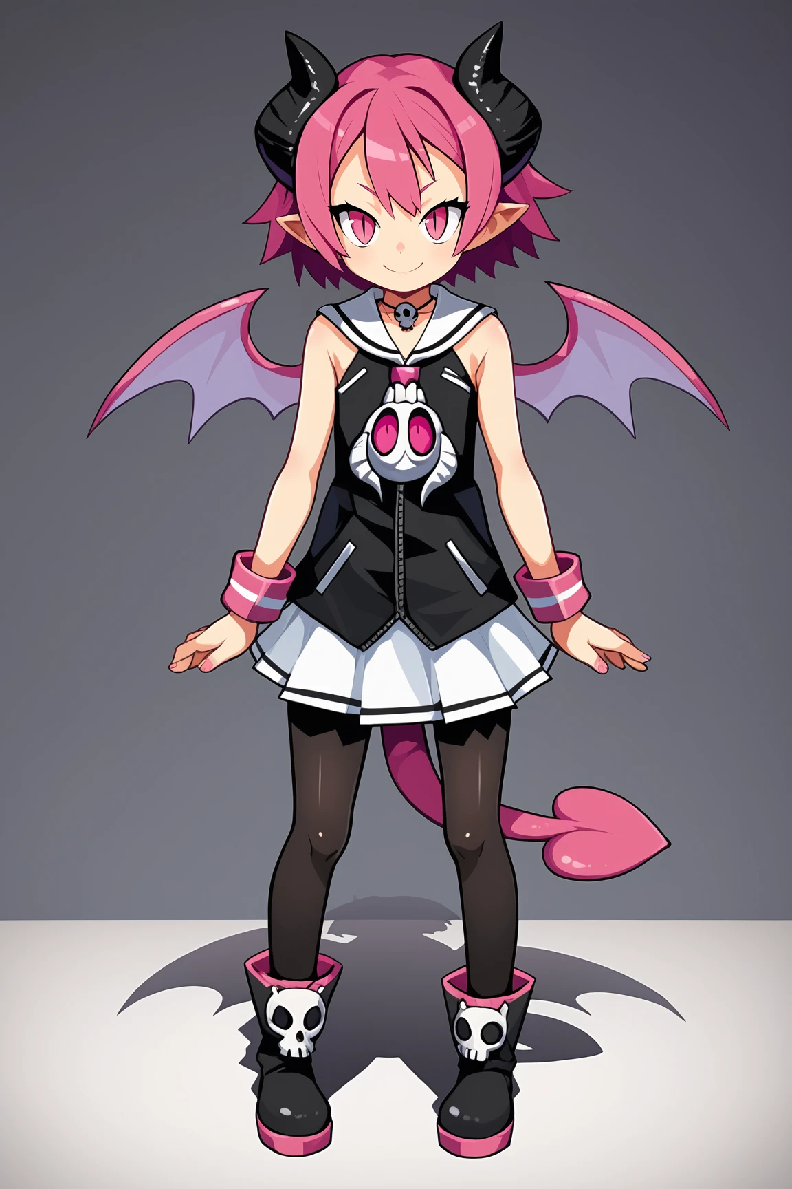 score_9, score_8_up, score_7_up, score_6_up, BREAK, RaspberylD3XL, slit pupils, pink eyes, pink hair, short hair, pointy ears, black horns, tail, flat chest, wings, necklace skull, bare shoulders, white sailor collar, black dress, pink wrist cuffs, white skirt, black pantyhose, black boots, solo, full body, standing, seductive smile, looking at viewer, indoors <lora:RaspberylD3XL:0.8>